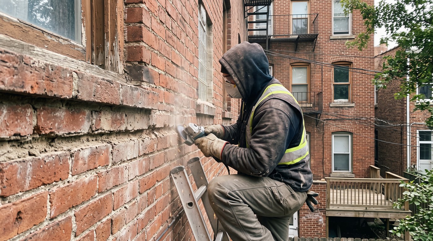 Meulage de joints de brique sur un mur extérieur